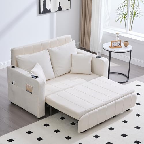 Schlafsofa 2-Sitzer Sofa mit Schlaffunktion, Klappbares Ecksofa mit Kissen, Schlafcouch mit USB-Ladefunktion und Becherhalter für Wohnzimmer Schlafzimmer aus Chenille Beige von OKimmy