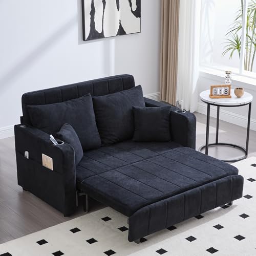 Schlafsofa 2-Sitzer Sofa mit Schlaffunktion, Klappbares Ecksofa mit Kissen, Schlafcouch mit USB-Ladefunktion und Becherhalter für Wohnzimmer Schlafzimmer aus Chenille Schwarz von OKimmy