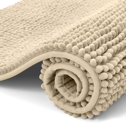 OLANLY Chenille Badematte rutschfest Badezimmerteppich Weich Badteppich Saugfähige Badvorleger Waschbar Duschvorleger für Badezimmer, 40 x 60 cm, Beige von OLANLY