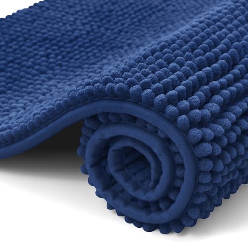 OLANLY Chenille Badematte rutschfest Badezimmerteppich Weich Badteppich Saugfähige Badvorleger Waschbar Duschvorleger für Badezimmer, 40 x 60 cm, Marine Blau von OLANLY