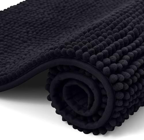 OLANLY Chenille Badematte rutschfest Badezimmerteppich Weich Badteppich Saugfähige Badvorleger Waschbar Duschvorleger für Badezimmer, 40 x 60 cm, Schwarz von OLANLY