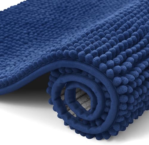 OLANLY Chenille Badematte rutschfest Badezimmerteppich Weich Badteppich Saugfähige Badvorleger Waschbar Duschvorleger für Badezimmer, 50 x 80 cm, Marine Blau von OLANLY