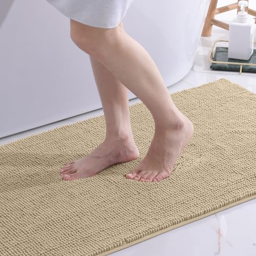 OLANLY Chenille Badematte rutschfest Badezimmerteppich Weich Badteppich Saugfähige Badvorleger Waschbar Duschvorleger für Badezimmer, 60 x 90 cm, Beige von OLANLY