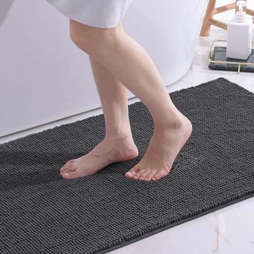 OLANLY Chenille Badematte rutschfest Badezimmerteppich Weich Badteppich Saugfähige Badvorleger Waschbar Duschvorleger für Badezimmer, 60 x 90 cm, Dunkelgrau von OLANLY