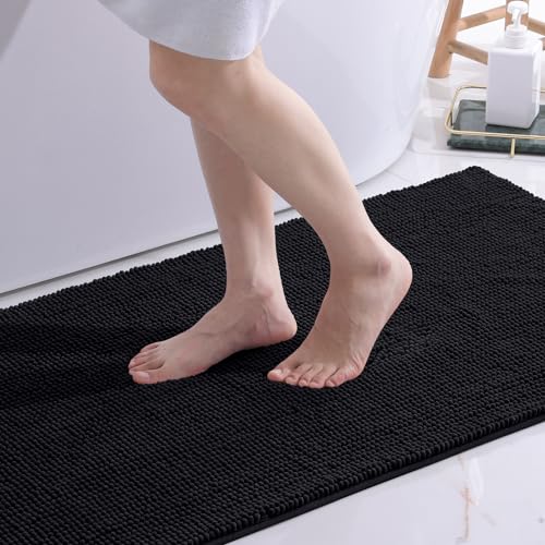 OLANLY Chenille Badematte rutschfest Badezimmerteppich Weich Badteppich Saugfähige Badvorleger Waschbar Duschvorleger für Badezimmer, 60 x 90 cm, Schwarz von OLANLY