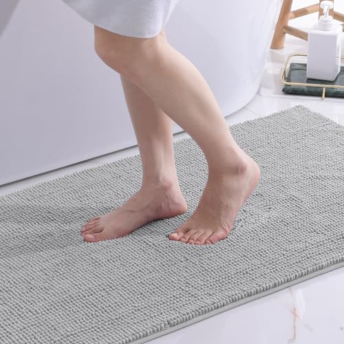 OLANLY Chenille Badematte rutschfest Badezimmerteppich Weich Badteppich Saugfähige Badvorleger Waschbar Großes Duschvorleger für Badezimmer, 60 x 120 cm, Hellgrau von OLANLY