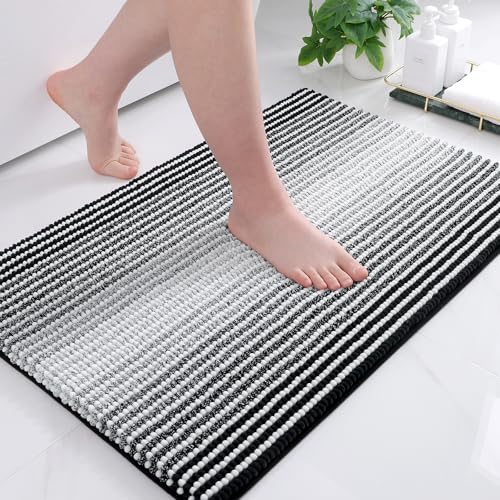 OLANLY Chenille Badezimmerteppich Weich Saugfähige Badematte rutschfest Badteppich Mikrofaser Badvorleger Waschbar Duschvorleger für Badezimmer - 50 x 75 cm, Schwarz von OLANLY