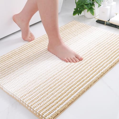 OLANLY Chenille Badezimmerteppich Weich Saugfähige Badematte rutschfest Badteppich Mikrofaser Badvorleger Waschbar Duschvorleger für Badezimmer - 60 x 90 cm, Beige von OLANLY