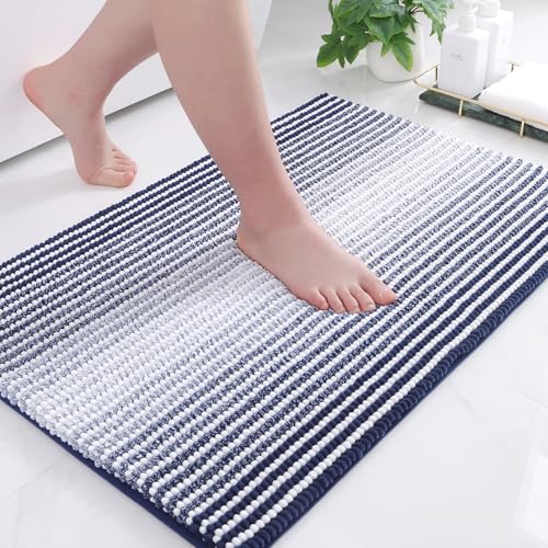 OLANLY Chenille Badezimmerteppich Weich Saugfähige Badematte rutschfest Badteppich Mikrofaser Badvorleger Waschbar Duschvorleger für Badezimmer - 60 x 90 cm, Marineblau von OLANLY