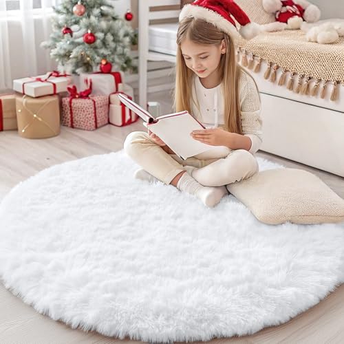 OLANLY Weiße runde Teppiche für Schlafzimmer, maschinenwaschbar, 122 x 120 cm, runder Teppich für Wohnzimmer, weicher und flauschiger Zottelteppich für Teenager, Mädchen und Jungen, Schlafsäle, OLANLY Weiße runde Teppiche für Schlafzimmer, maschinenwaschbar, 122 x 120 cm, runder Teppich für Wohnzimmer, weicher und flauschiger Zottelteppich für Teenager, Mädchen und Jungen, Schlafsäle, von OLANLY
