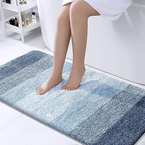 Olanly Luxuriöse Badezimmerteppichmatte, extra weiche und saugfähige Mikrofaser-Badteppiche, rutschfester Plüsch-Shaggy-Badteppich, maschinenwaschbar, Badewanne und Dusche 61x119 cm, Blau von OLANLY