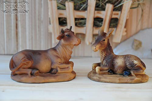 OLBAUM Weihnachtskrippe Krippenfiguren - Ochs und Esel - Paar liegend für 7 cm Figuren hochwertige Mimik, niedlich - naturgetreue, hochwertige Deko-Tiere für Krippen und Stall von OLBAUM