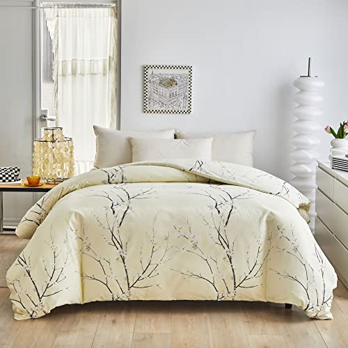 OLDBIAO Bettwäsche 155x220 cm Set, Mikrofaser Bettbezug 155x220cm und Kissenbezug 80x80cm, Ästhetisch Blume Zweig Design, Modern Beige Bettdecke Cover mit Reißverschluss für Einzelbett von OLDBIAO