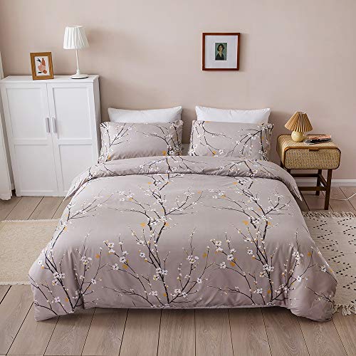 OLDBIAO Bettwäsche 3er Set Mikrofaser Bettbezug 240x220 cm und Kissenbezüge 80x80 cm, Ästhetisch Blume Zweig Design, Grau Bettdeckenbezug Bettdecke Cover für Doppelbett von OLDBIAO