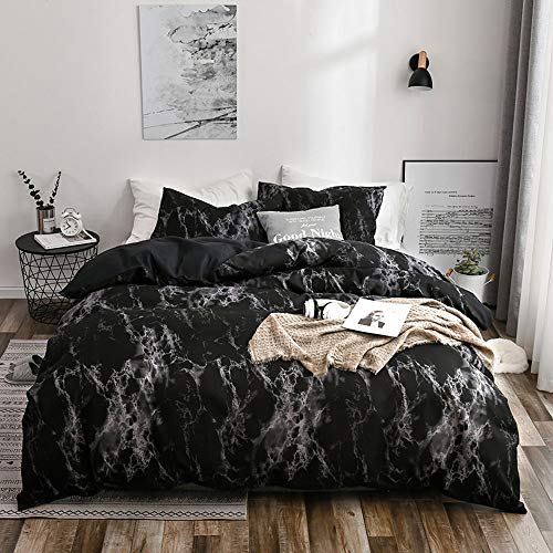 OLDBIAO Bettwäsche Set Schwarz Kinder Einzelbettt Bettbezug mit Marmor Muster, weiche Bettdecke Cover 135x200cm mit Reißverschluss + Kissenbezug 80x80cm*1 von OLDBIAO