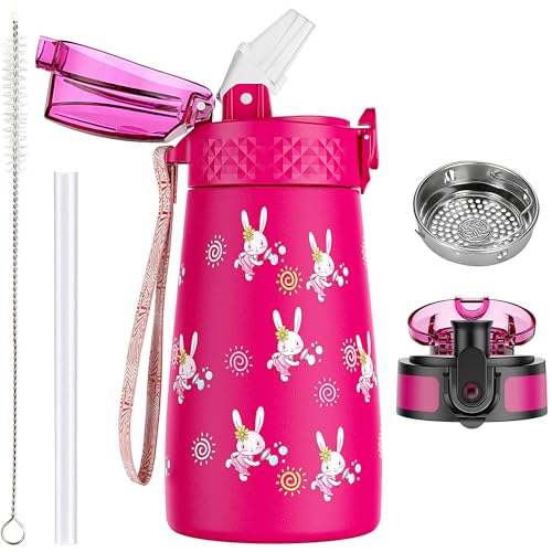 OLDLEY 350ml Kinder Edelstahl Wasserflasche mit Stroh für Schule mit 2 verschiedenen Deckeln, Metall Vakuum Isolierte Wasserflaschen für Jungen Mädchen Kleinkind Kinder Heiße kalte Getränke BPA frei von OLDLEY