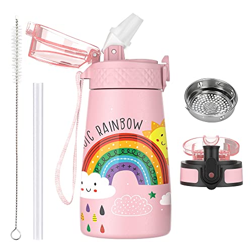 OLDLEY 350ml Kinder Edelstahl Wasserflasche mit Stroh für Schule mit 2 verschiedenen Deckeln, Metall Vakuum Isolierte Wasserflaschen für Jungen Mädchen Kleinkind Kinder Heiße kalte Getränke BPA frei von OLDLEY