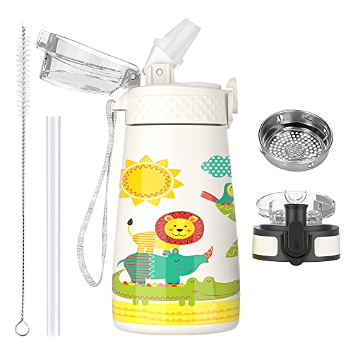 OLDLEY 350ml Kinder Edelstahl Wasserflasche mit Stroh für Schule mit 2 verschiedenen Deckeln, Metall Vakuum Isolierte Wasserflaschen für Jungen Mädchen Kleinkind Kinder Heiße kalte Getränke BPA frei von OLDLEY