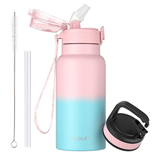 OLDLEY 500ml Kinder Edelstahl Wasserflasche mit Stroh für Schule mit 2 verschiedenen Deckeln, Metall Vakuum Isolierte Wasserflaschen für Jungen Mädchen Kleinkind Kinder Heiße kalte Getränke BPA frei von OLDLEY