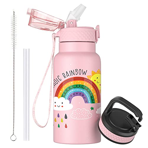 OLDLEY 500ml Kinder Edelstahl Wasserflasche mit Stroh für Schule mit 2 verschiedenen Deckeln, Metall Vakuum Isolierte Wasserflaschen für Jungen Mädchen Kleinkind Kinder Heiße kalte Getränke BPA frei von OLDLEY
