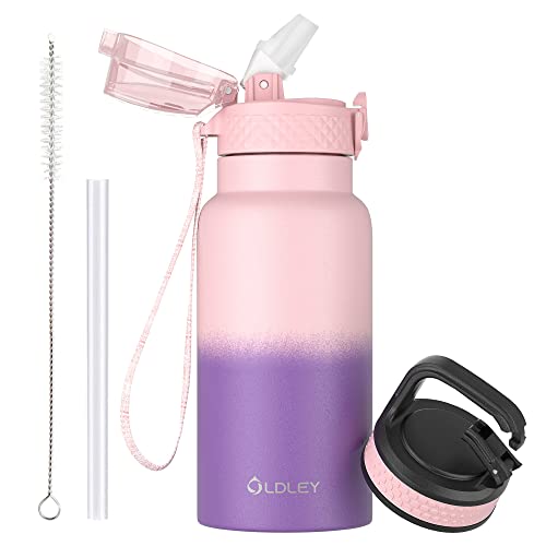 OLDLEY 500ml Kinder Edelstahl Wasserflasche mit Stroh für Schule mit 2 verschiedenen Deckeln, Metall Vakuum Isolierte Wasserflaschen für Jungen Mädchen Kleinkind Kinder Heiße kalte Getränke BPA frei von OLDLEY