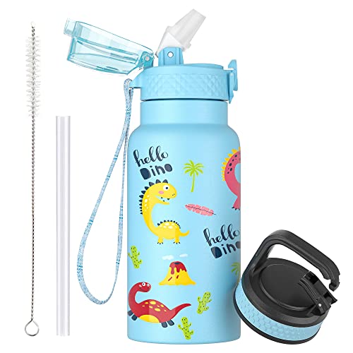 OLDLEY 500ml Kinder Edelstahl Wasserflasche mit Stroh für Schule mit 2 verschiedenen Deckeln, Metall Vakuum Isolierte Wasserflaschen für Jungen Mädchen Kleinkind Kinder Heiße kalte Getränke BPA frei von OLDLEY