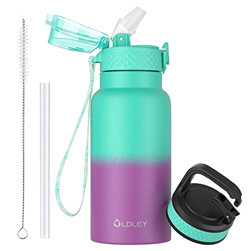 OLDLEY 500ml Kinder Edelstahl Wasserflasche mit Stroh für Schule mit 2 verschiedenen Deckeln, Metall Vakuum Isolierte Wasserflaschen für Jungen Mädchen Kleinkind Kinder Heiße kalte Getränke BPA frei von OLDLEY