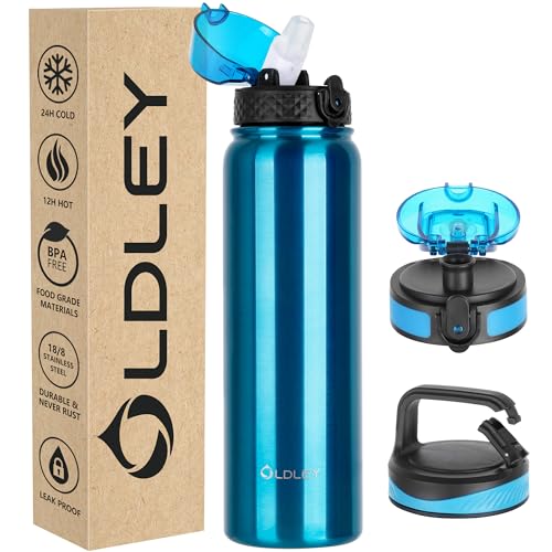 OLDLEY Edelstahl Trinkflasche mit Strohhalm 1L Isolierte flasche mit 3 Deckel Große Thermosflasche 1 Litre Auslaufsicher Halten Heiß Kalt für Sport Gym Camping Fahrrad (Blau, 3 Deckel) von OLDLEY