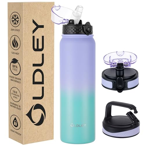 OLDLEY Edelstahl Trinkflasche mit Strohhalm 1L Isolierte flasche mit 3 Deckel Große Thermosflasche 1 Litre Auslaufsicher Halten Heiß Kalt für Sport Gym Camping Fahrrad (Lila Grün, 3 Deckel) von OLDLEY