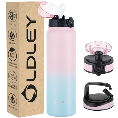 OLDLEY Edelstahl Trinkflasche mit Strohhalm 1L Isolierte flasche mit 3 Deckel Große Thermosflasche 1 Litre Auslaufsicher Halten Heiß Kalt für Sport Gym Camping Fahrrad (Rosa Blau, 3 Deckel) von OLDLEY