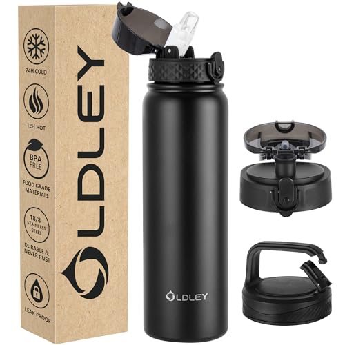 OLDLEY Edelstahl Trinkflasche mit Strohhalm 1L Isolierte flasche mit 3 Deckel Große Thermosflasche 1 Litre Auslaufsicher Halten Heiß Kalt für Sport Gym Camping Fahrrad (Schwarz, 3 Deckel) von OLDLEY