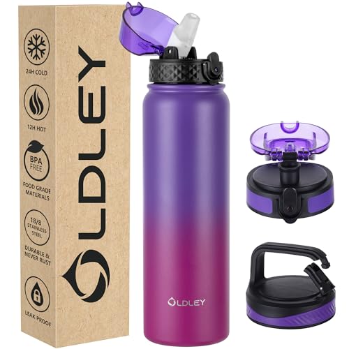 OLDLEY Edelstahl Trinkflasche mit Strohhalm 1L Isolierte flasche mit 3 Deckel Große Thermosflasche 1 Litre Auslaufsicher Halten Heiß Kalt für Sport Gym Camping Fahrrad (Violett‌ Rosen, 3 Deckel) von OLDLEY