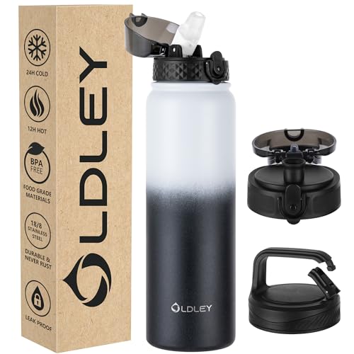 OLDLEY Edelstahl Trinkflasche mit Strohhalm 1L Isolierte flasche mit 3 Deckel Große Thermosflasche 1 Litre Auslaufsicher Halten Heiß Kalt für Sport Gym Camping Fahrrad (Weiß Schwarz, 3 Deckel) von OLDLEY