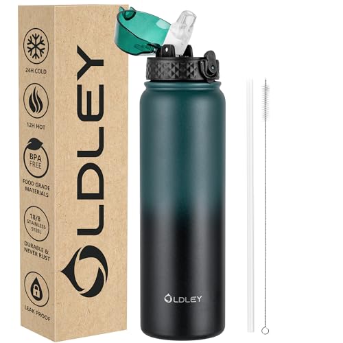 OLDLEY Edelstahl Trinkflasche mit Strohhalm, 1L Isolierte Trinkflasche, Thermosflasche BPA-freie - Auslaufsicher Metall Wasserflaschen Hält Heiß und Kalt für Sport Gym (Dunkelgrün‌ Schwarz,1 Deckel) von OLDLEY