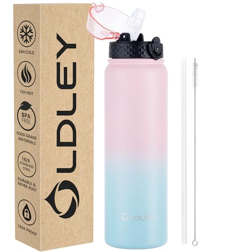 OLDLEY Edelstahl Trinkflasche mit Strohhalm, 1L Isolierte Trinkflasche, Thermosflasche BPA-freie - Auslaufsicher Metall Wasserflaschen Hält Heiß und Kalt für Sport Gym Schule (Rosa Blau,1 Deckel) von OLDLEY