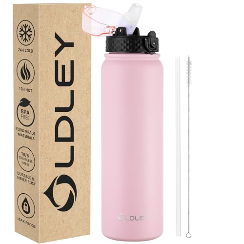 OLDLEY Edelstahl Trinkflasche mit Strohhalm, 1L Isolierte Trinkflasche, Thermosflasche BPA-freie - Auslaufsicher Metall Wasserflaschen Hält Heiß und Kalt für Sport Gym Schule (Rosa,1 Deckel) von OLDLEY