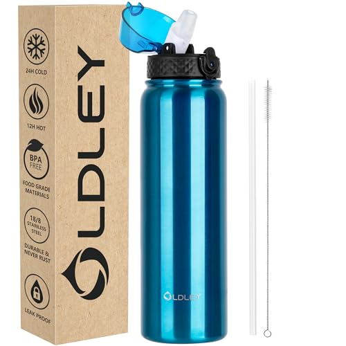 OLDLEY Edelstahl Trinkflasche mit Strohhalm, 1L Isolierte Trinkflasche, Thermosflasche BPA-freie - Auslaufsicher Metall Wasserflaschen Hält Heiß und Kalt für Sport Gym Schule (Blau,1 Deckel) von OLDLEY