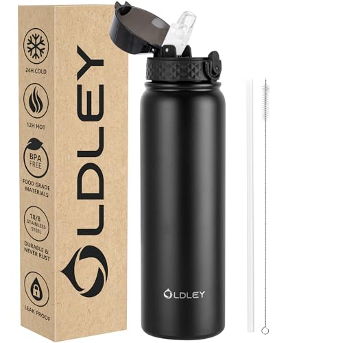 OLDLEY Edelstahl Trinkflasche mit Strohhalm, 1L Isolierte Trinkflasche, Thermosflasche BPA-freie - Auslaufsicher Metall Wasserflaschen Hält Heiß und Kalt für Sport Gym Schule (Schwarz,1 Deckel) von OLDLEY