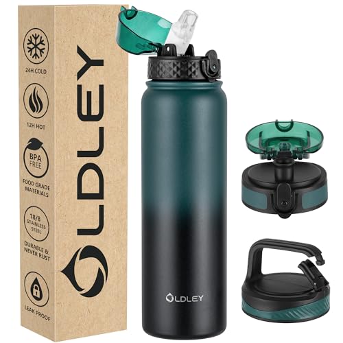 OLDLEY Edelstahl Trinkflasche mit Strohhalm 1L Isolierte flasche mit 3 Deckel Große Thermosflasche 1 Litre Auslaufsicher Halten Heiß Kalt für Sport Gym Camping Fahrrad (Dunkelgrün‌ Schwarz, 3 Deckel) von OLDLEY