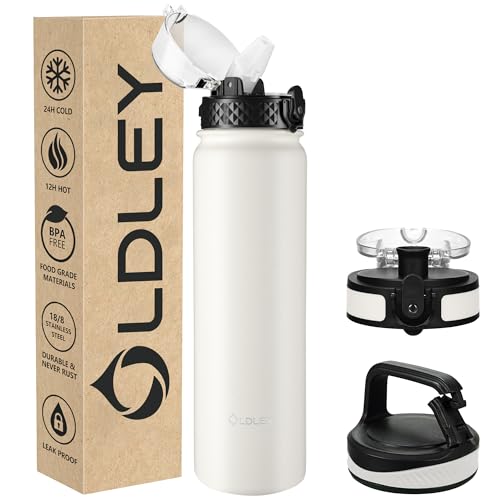 OLDLEY Edelstahl Trinkflasche mit Strohhalm 1L Isolierte flasche mit 3 Deckel Große Thermosflasche 1 Litre Auslaufsicher Halten Heiß Kalt für Sport Gym Camping Fahrrad (Beige, 3 Deckel) von OLDLEY