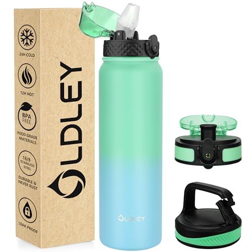 OLDLEY Edelstahl Trinkflasche mit Strohhalm 1L Isolierte flasche mit 3 Deckel Große Thermosflasche 1 Litre Auslaufsicher Halten Heiß Kalt für Sport Gym Camping Fahrrad (Blattblau, 3 Deckel) von OLDLEY
