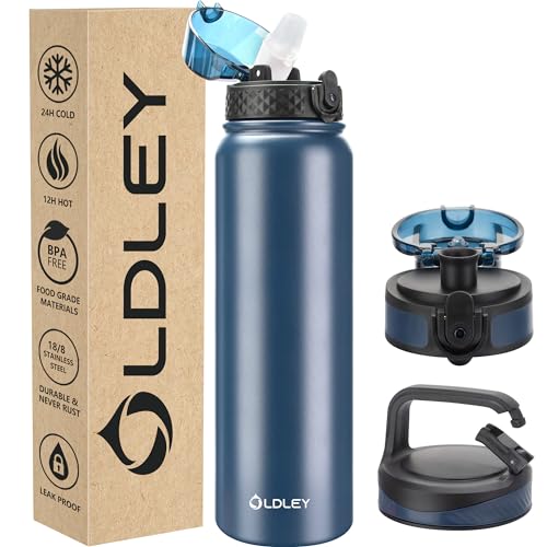 OLDLEY Edelstahl Trinkflasche mit Strohhalm 1L Isolierte flasche mit 3 Deckel Große Thermosflasche 1 Litre Auslaufsicher Halten Heiß Kalt für Sport Gym Camping Fahrrad (Marineblau, 3 Deckel) von OLDLEY