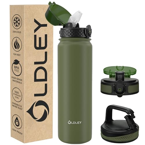 OLDLEY Edelstahl Trinkflasche mit Strohhalm 1L Isolierte flasche mit 3 Deckel Große Thermosflasche 1 Litre Auslaufsicher Halten Heiß Kalt für Sport Gym Camping Fahrrad (Olivgrün, 3 Deckel) von OLDLEY