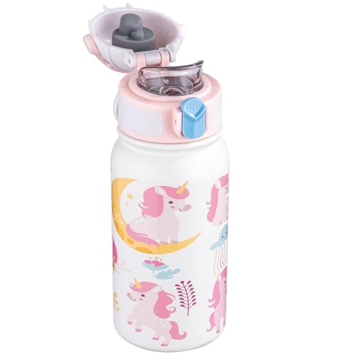OLDLEY Trinkflasche Kinder 350ml,Edelstahl Trinkflasche, Auslaufsicher,Kleine Flasche mit Griff,Jungen Mädchen Kinder(Einhorn) von OLDLEY