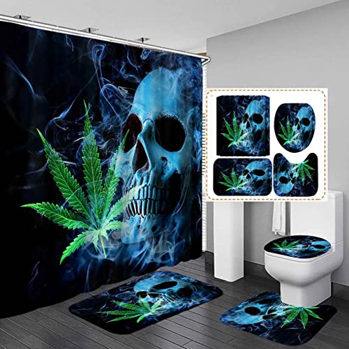 OLEBETY 4-teiliges blaues Totenkopf-Duschvorhang-Set, grünes Marihuana, Cannabis, Unkrautblatt, Rauch, Stoner, Halloween, Gothic, wasserdichter Stoff-Duschvorhang, rutschfeste Badematte von OLEBETY