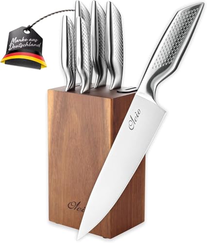 Oleio Maestro 5-teiliges Edelstahl Messerset mit Block aus Akazienholz I Messerblock mit integriertem Messerschärfer I Scharfes Küchenmesser Set für Hobbyköche und Profis von OLEIO
