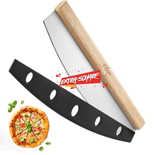 Oleio Pizzaschneider 35 cm aus Edelstahl I Pizzamesser mit scharfer Klinge, effektiver als Pizzaroller I Klingenschutz & Griff aus Kautschukholz I Pizza Cutter Pizza Wiegemesser für Pizzateig von OLEIO