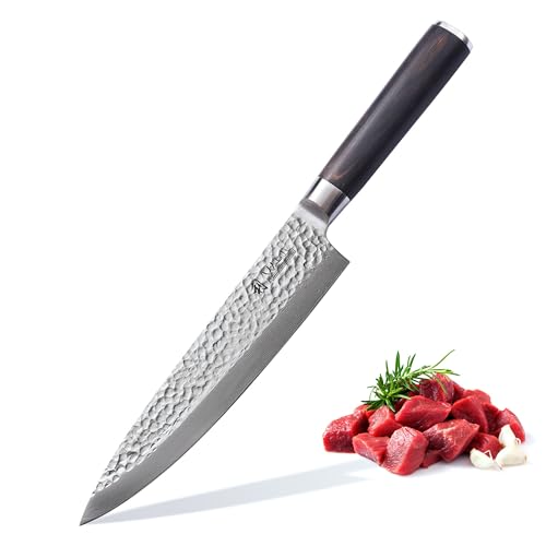 Wakoli Pakka Damastmesser Chefmesser - 20,5 cm Klinge, 67 Lagen Damaststahl, Hammerschlag-Design, Pakkaholzgriff, Scharfes Profi-Küchenmesser von zayiko