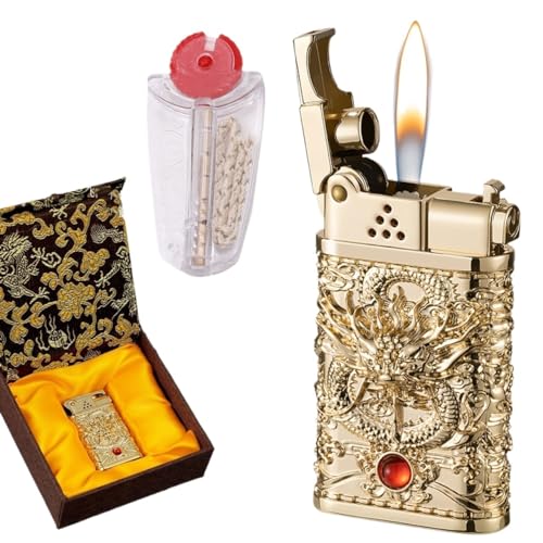 Steampunk-Kerosin-Feuerzeug mit Geschenkbox, passend zu 7 Feuersteinen, Feuerzeug-Zubehör-Set, einzigartige Geburtstagsgeschenke (Color : Gold) von OLELY