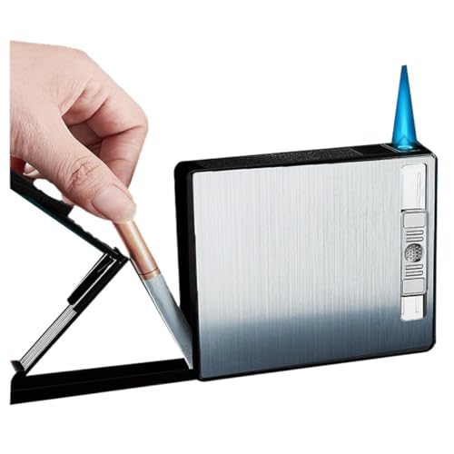 Zigarettenetui mit Feuerzeughalter, automatischer Auswurfkastenhalter for 19 Zigaretten normaler Größe, integrierte Feuerzeuge, Jet Flame-Gasfeuerzeug (Color : Silver brushed) von OLELY